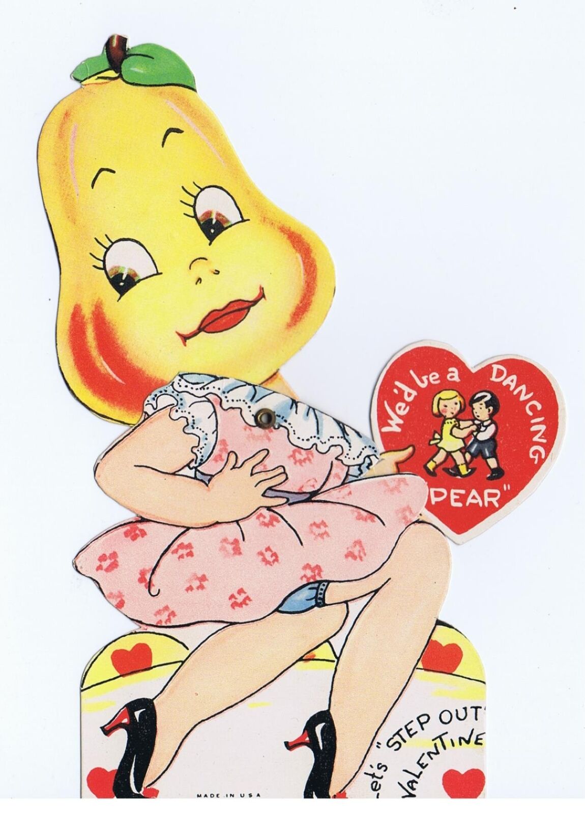 Vintage Valentine Card Die-cut Mechanical Anthropomorphic Pear Dancing Lady
