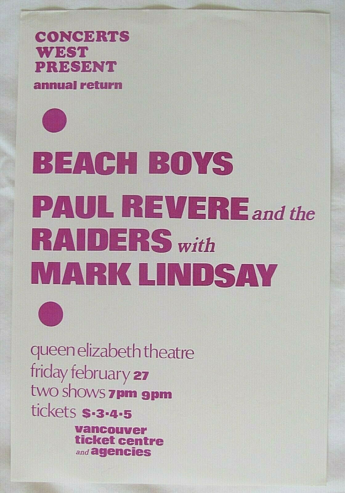 Beach Boys / Paul Revere & The Raiders (mark Lindsay)1970 Sunflower/collage Tour