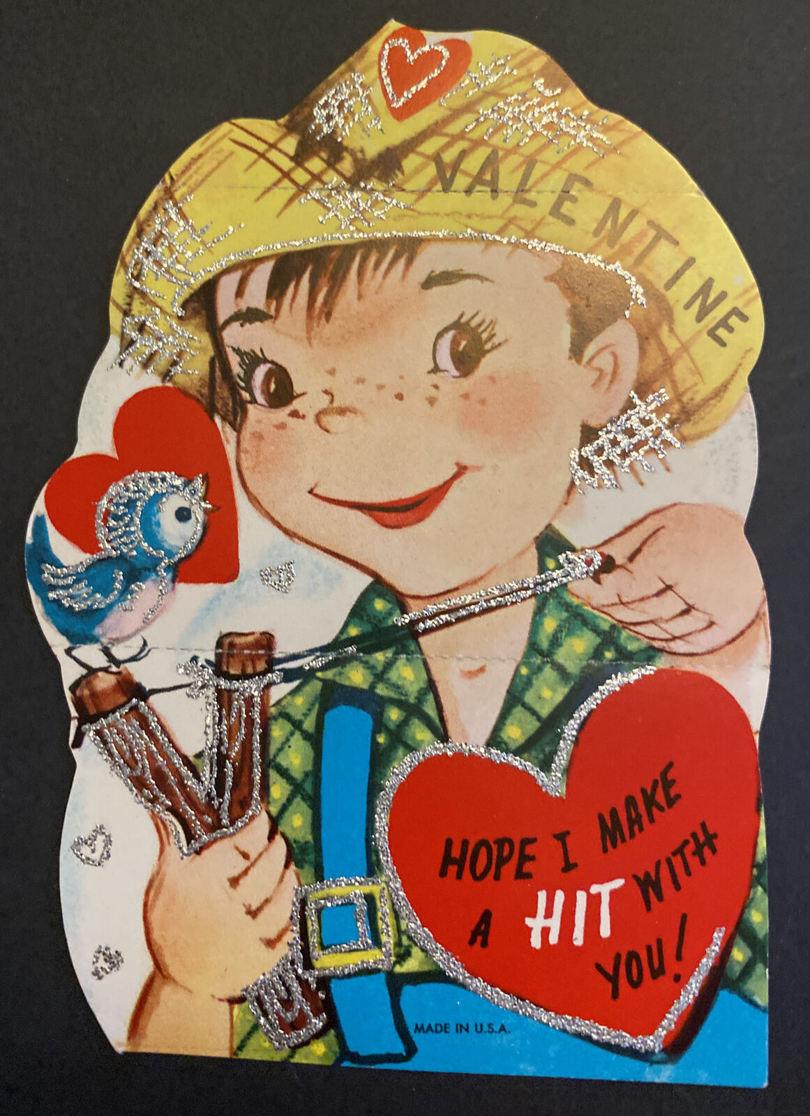 Vintage Valentine’s Day Valentine Boy In Overalls And Slingshot Make A Hit