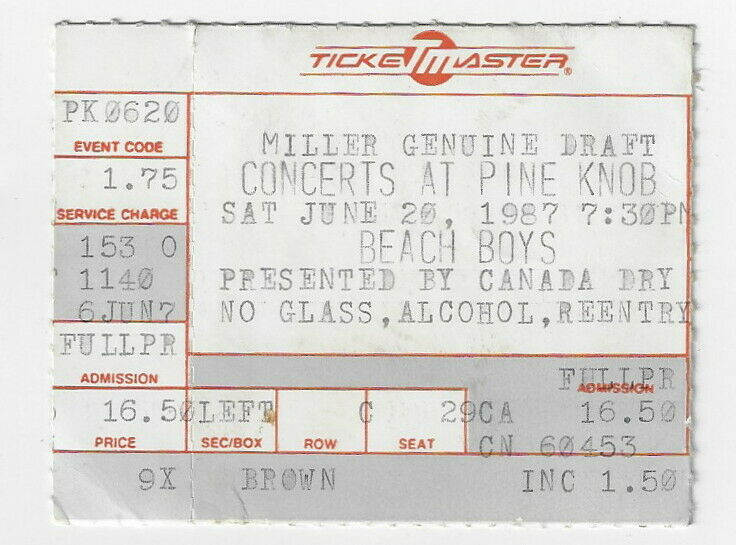 Beach Boys Concert Ticket Stub /  Pine Knob Michigan : June 20, 1987 !!