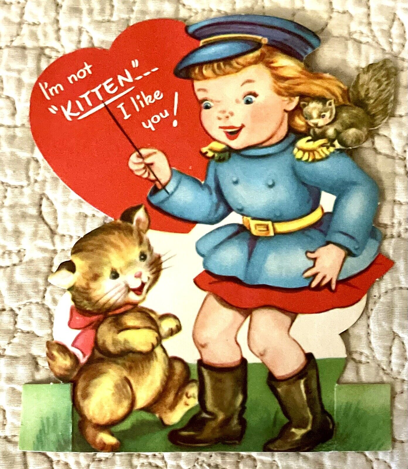 Vintage Valentine Girl Uniform Cat Kitten Squirrel Card Die Cut Gibson