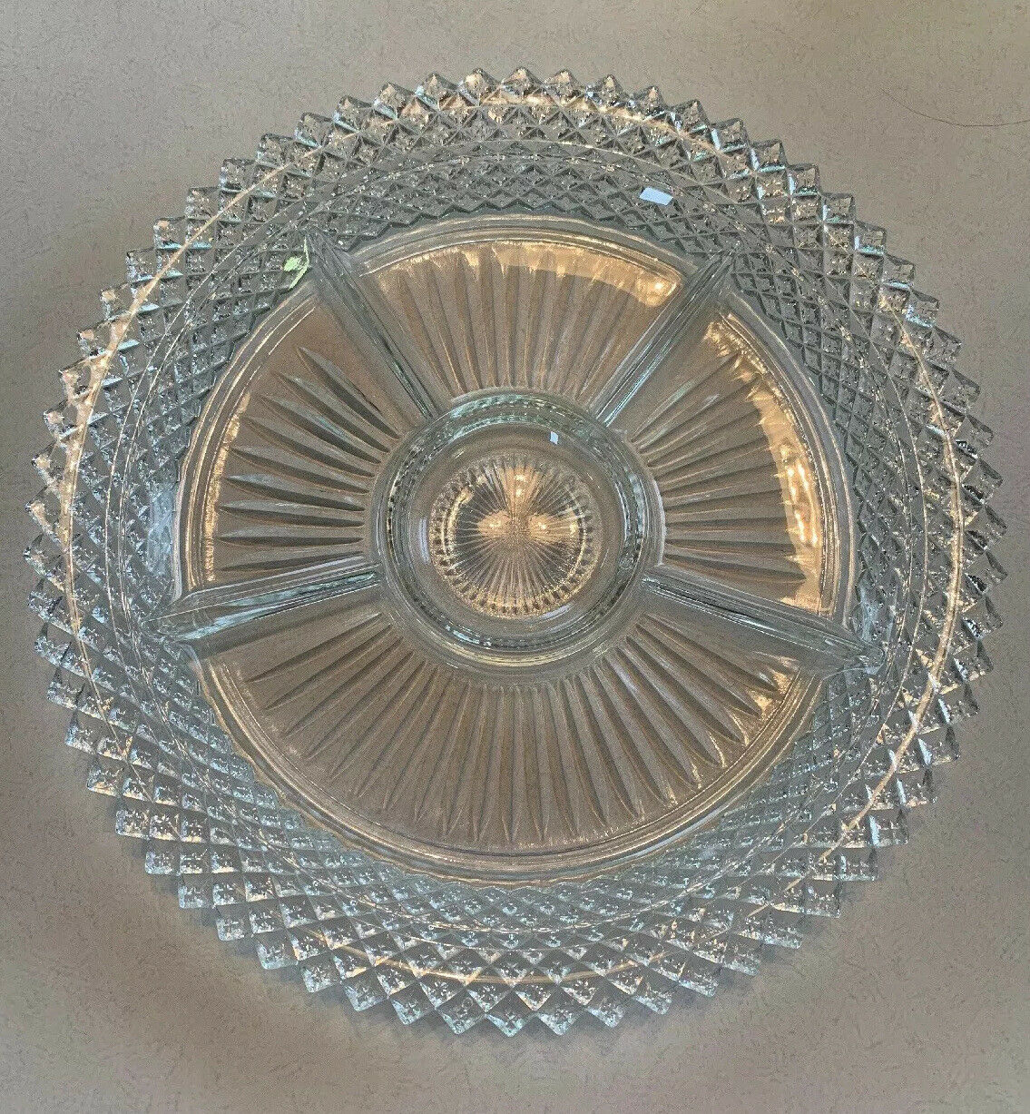 Vintage Hocking Miss America Clear 11 3/4" Round Divided Relish Tray.