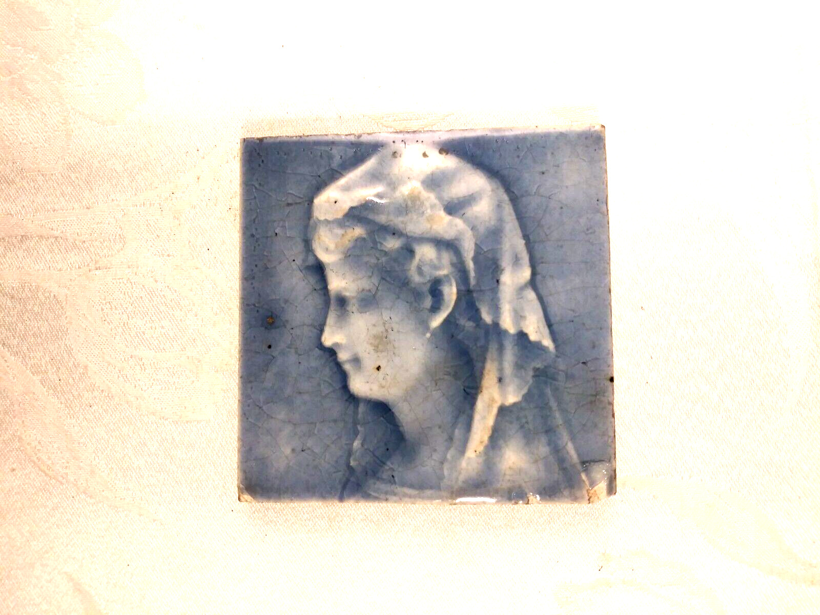 Antique Majolica Young Lady  Portrait Tile Very Nice 4 1/8" X 4 1/8"