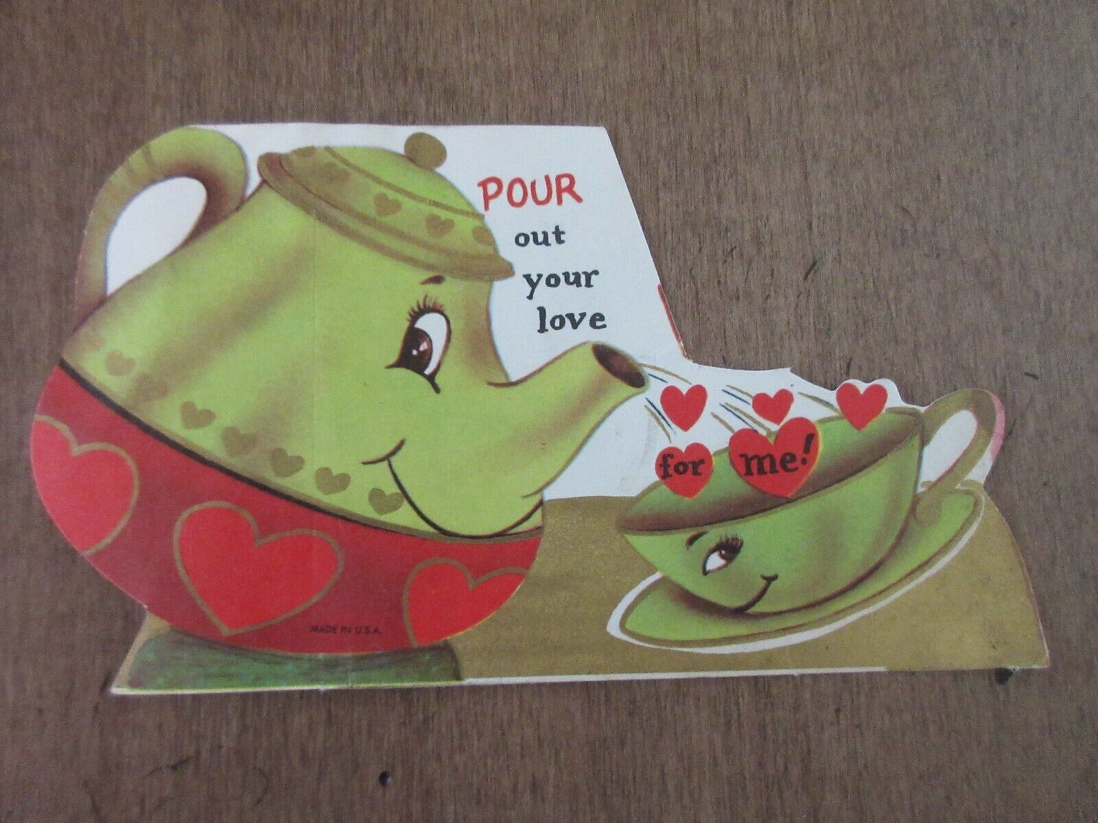 1950's Valentine Teapot Teacup Anthropomorphic Pour Out Your Love 4 Me Card Vtg