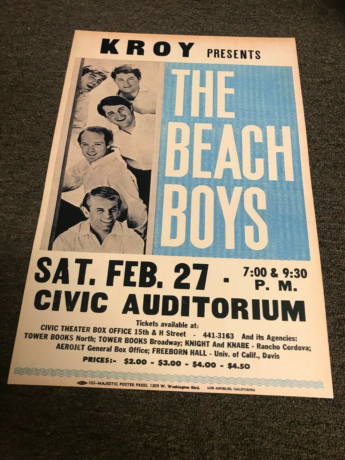 Beach Boys 1965 Sacramento California Cardstock Concert Poster 12" X 18"