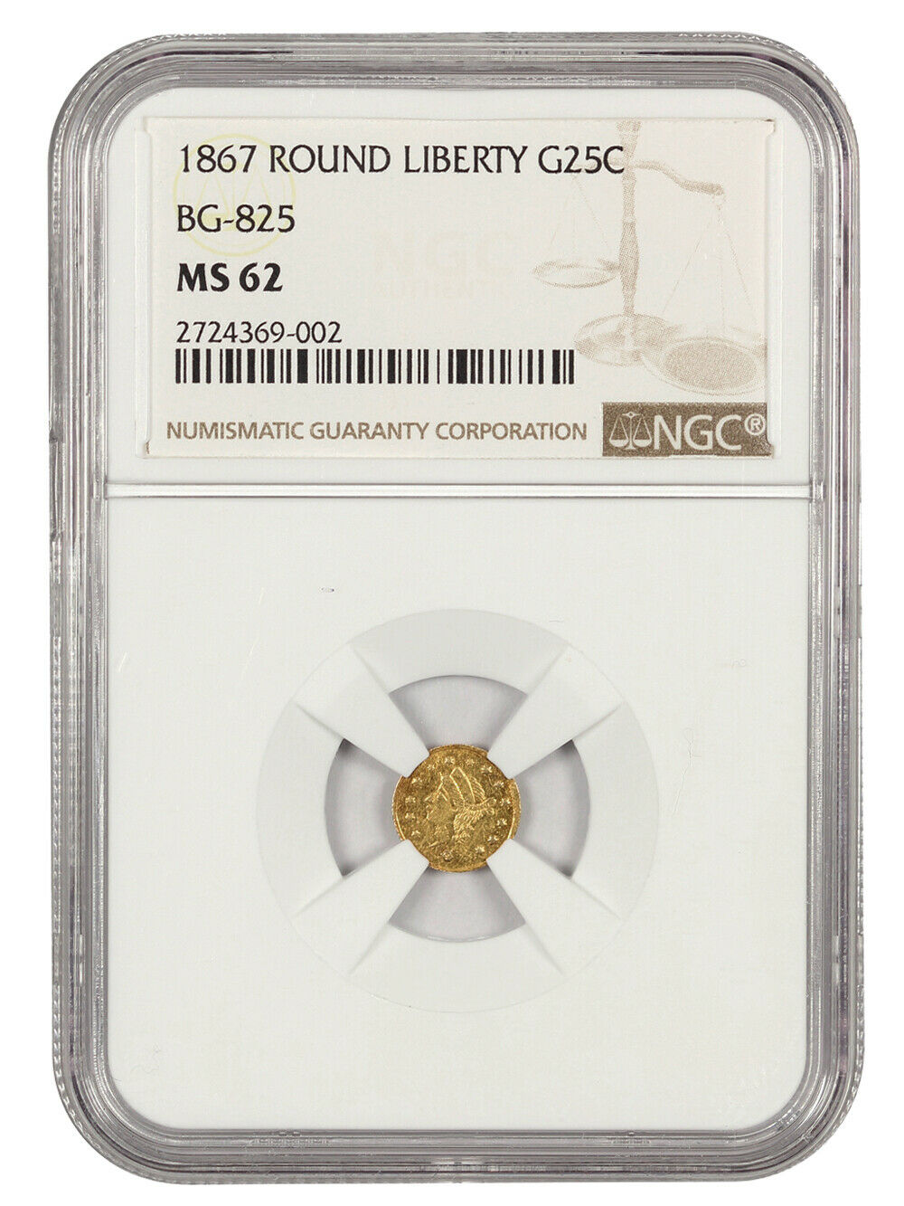 1867 Cal. Gold 25c Ngc Ms62 (bg-825) - California Fractional Gold