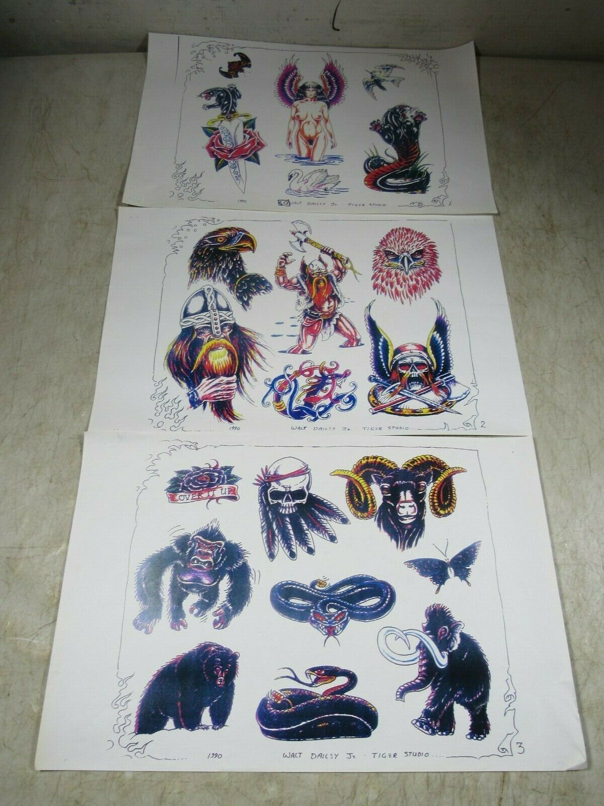 3 Vintage 1990 Walter Dailey Tiger Studio Tattoo Flash Art Sheets Color