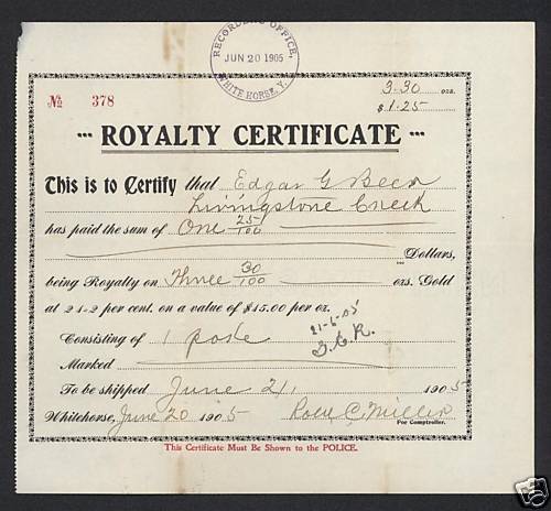 1905 Klondike Yukon Alaska Whitehorse - Royalty Mining Certificate Rare!