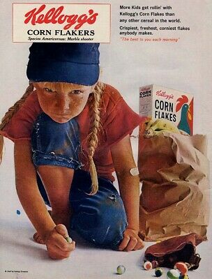 More Kids Get Rollin' With Kellogg's Corn Flakes Ad 1965 Tomboy Pigtails Marbles