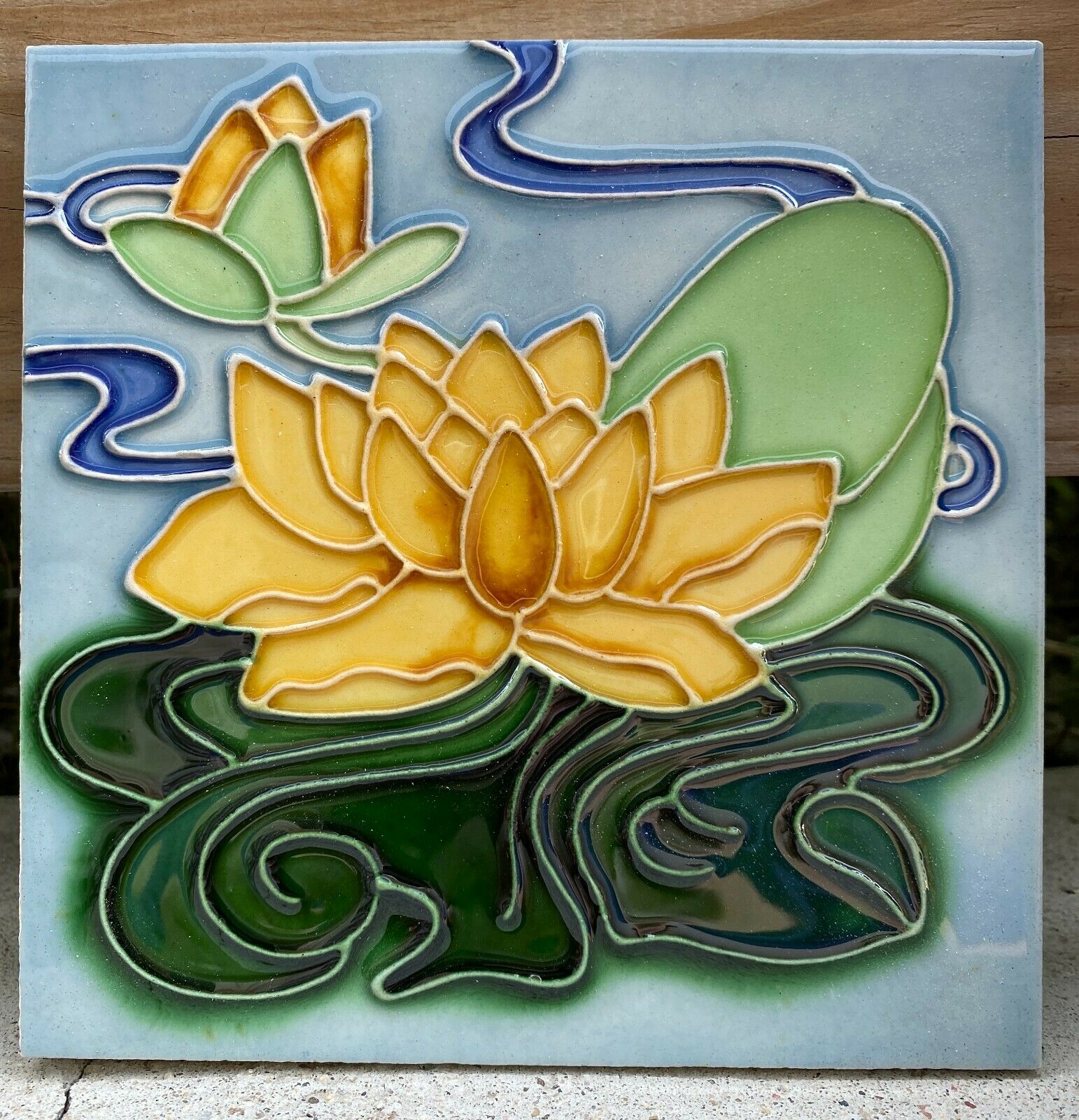 Rare Art Nouveau Majolica Tile Embossed 6 X 6 Inch Lilly Pad Tile #9