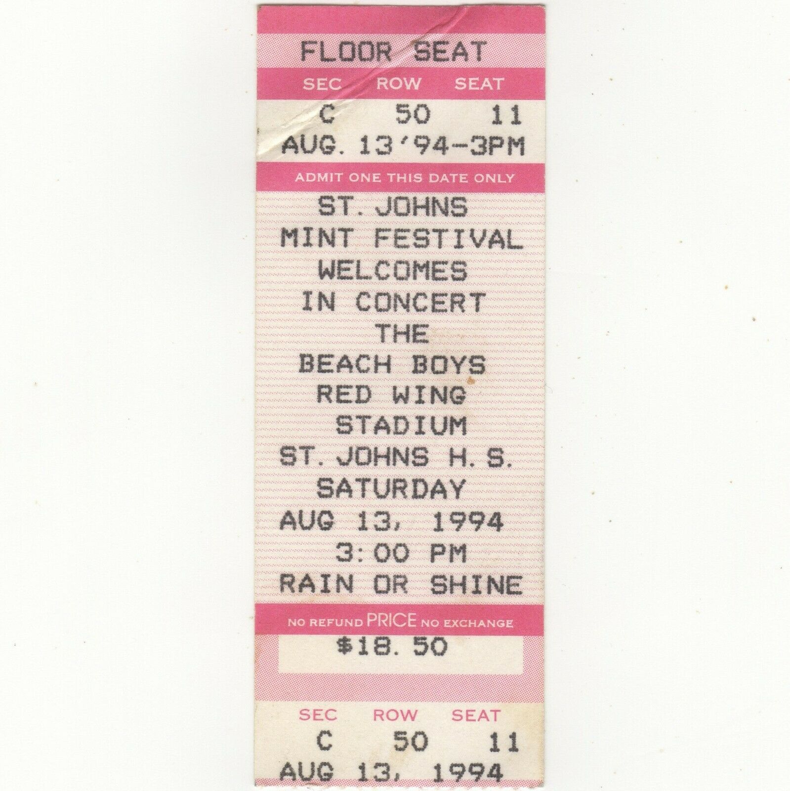 The Beach Boys Concert Ticket Stub St Johns Mi 8/13/94 High School Red Wing Rare