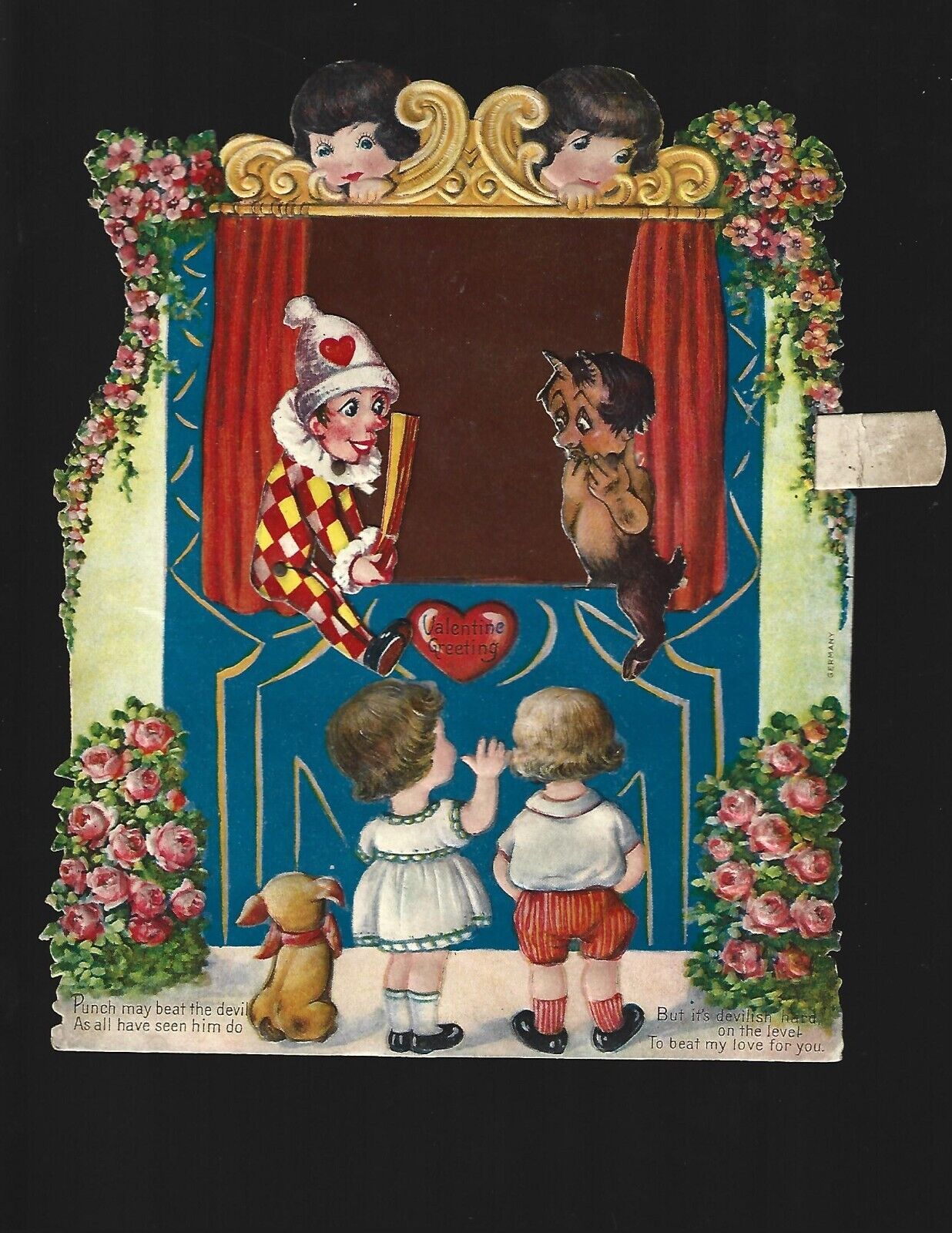 Vintage Germany 1930s Punch & Judy Devil Mechanical Valentine Dog Puppet Show
