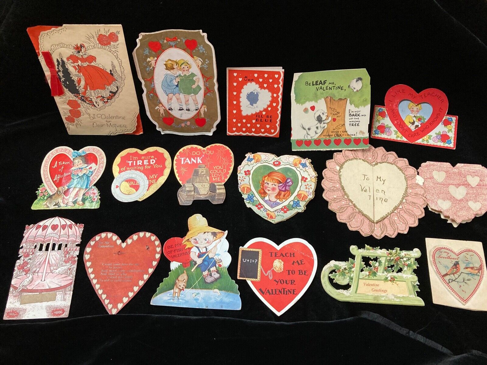 17  Mid-century Used Valentines - 3 Are Cards, 5 Flat,  9 Are For Crafting