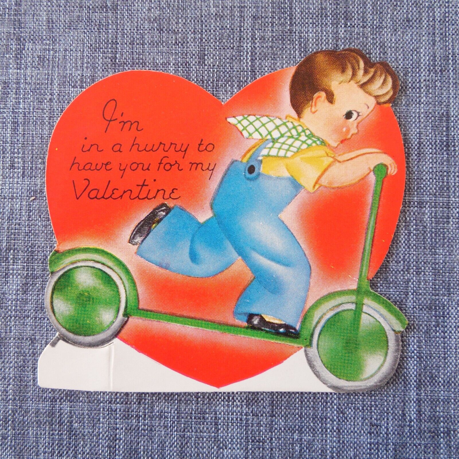Early 1900s Vintage Valentine Card Boy On Scooter Die Cut A-meri-card Heart Used