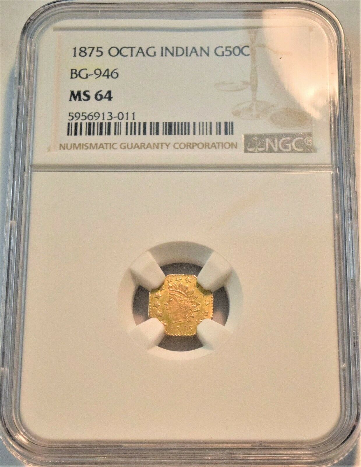 1875 Octagonal California Gold 50c Ngc Ms64 Bg-946 Fractional 1/2d Half Dollar