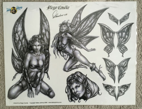 Tattoo Flash Single Sheet Print By Diego Candia Fairy Girls, Wings 11" X 14”