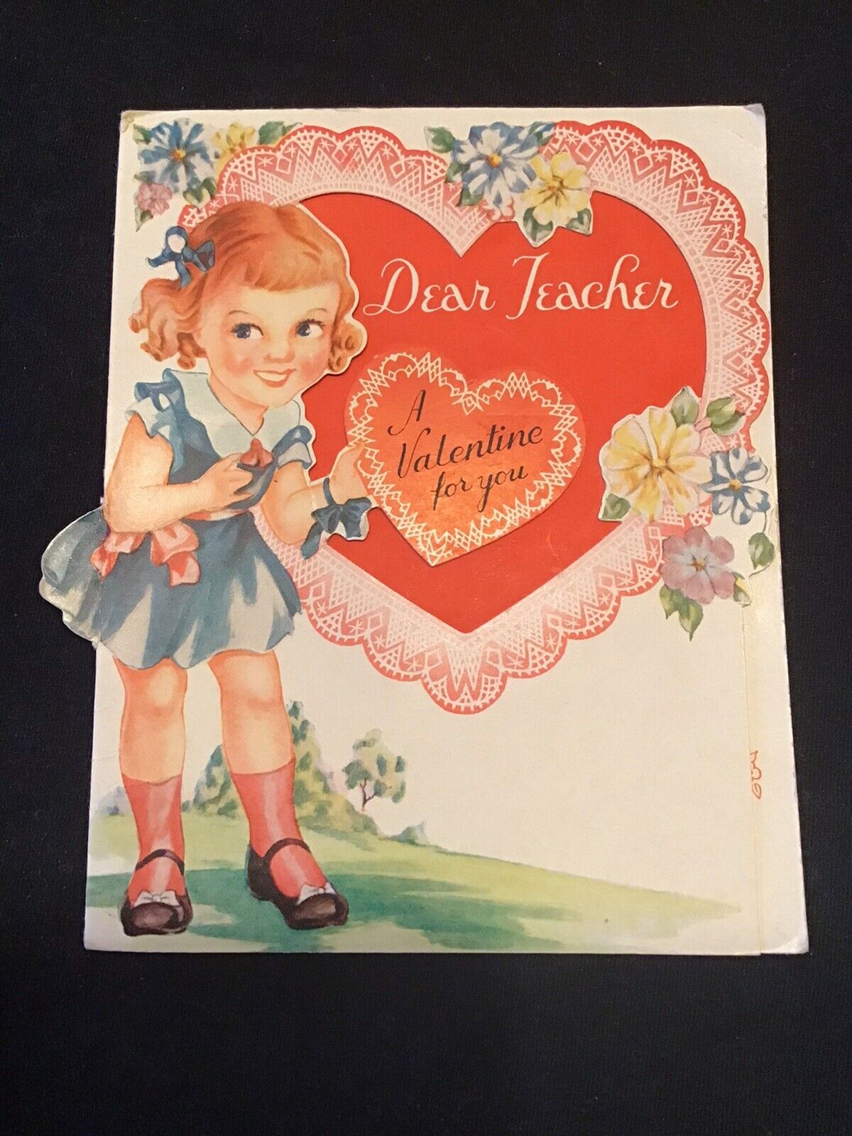 Vintage Valentines Day Card Dear Teacher Little Girl Holding Red Heart Unused