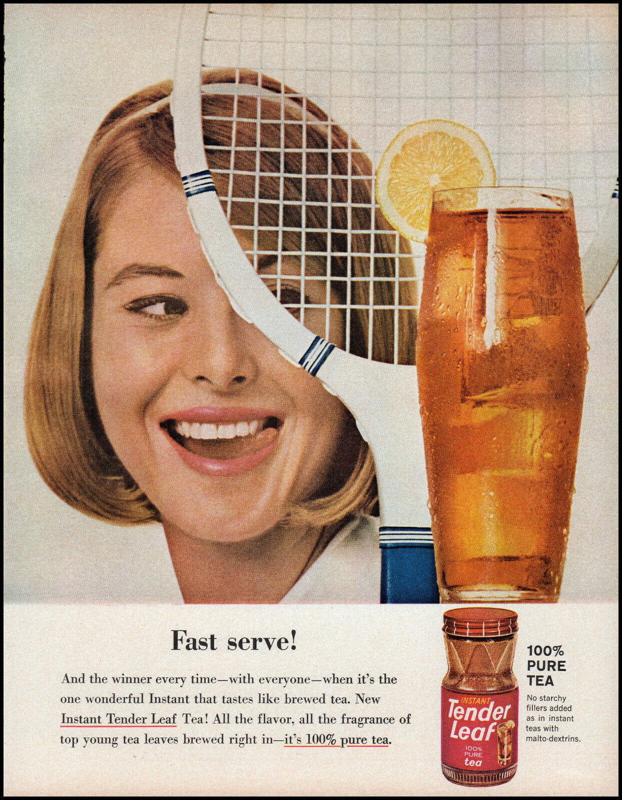 1963 Tennis Woman Smiling Tender Leaf Tea Instant Retro Photo Print Ad La1