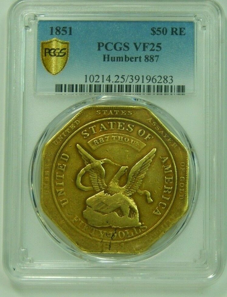 1851 Us Assay 887 Gold Humbert $50 Slug Pcgs Vf25 Rare Old United States Coin
