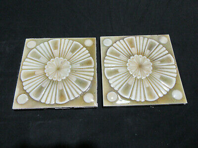 ~ Pair Of Antique Victorian Tiles Floral 6 X 6 ~ Architectural Salvage
