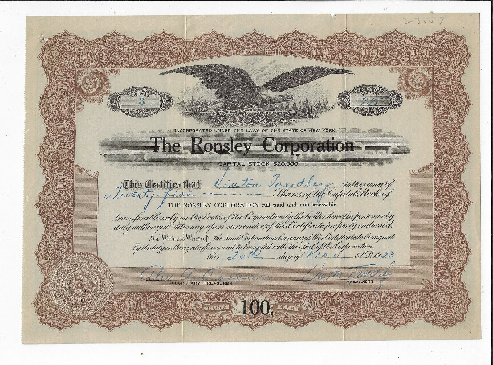 New York 1923 Ronsley Corporation Stock Certificate #3 Vinton Freedley A Aarons