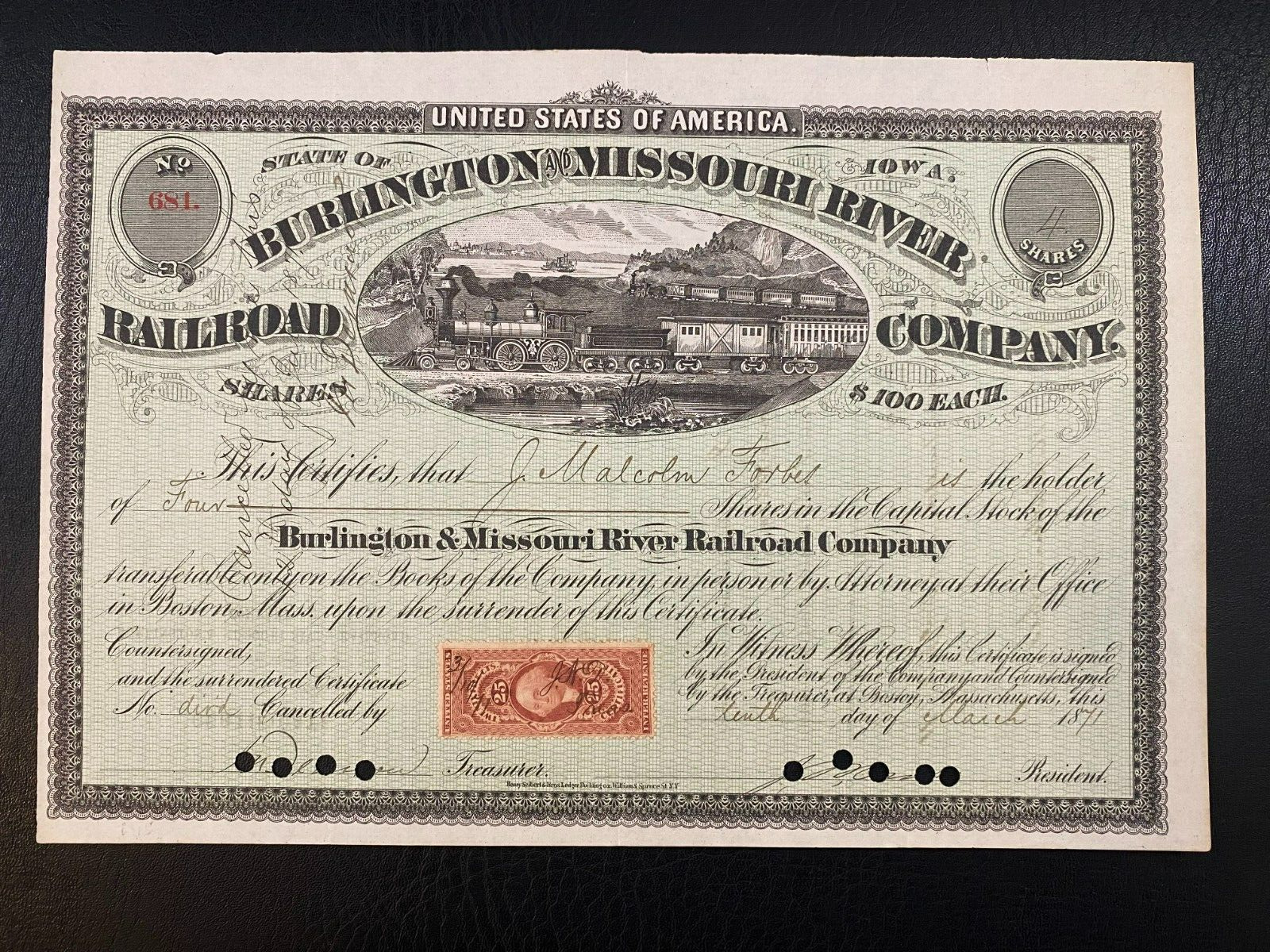 1871 Burlington & Missouri River Rr Stock Signed By John Malcolm Forbes Rare