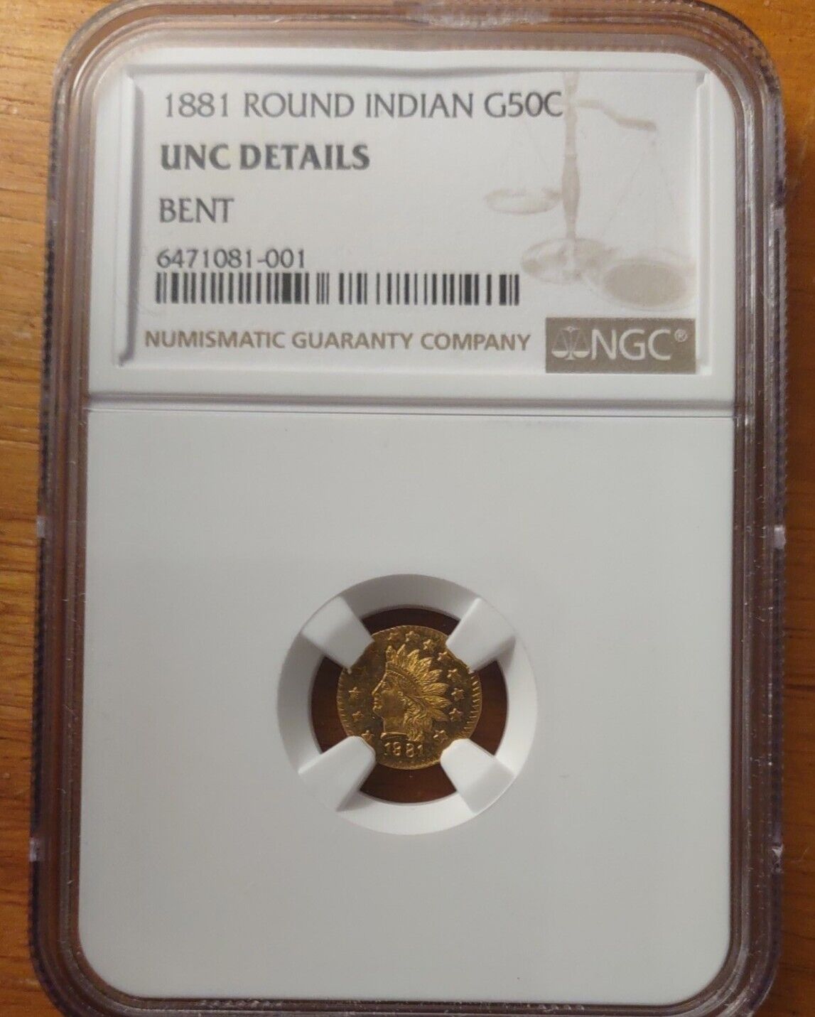 1881 Round Indian G50c Gold Coin Unc Details Bent Ngc (a)