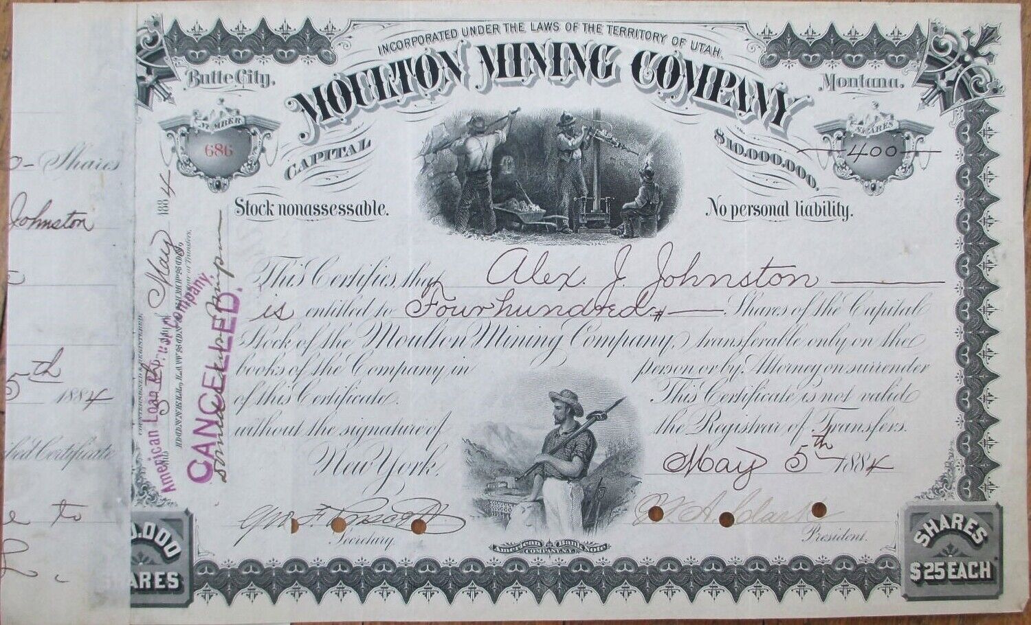 William Clark Autograph 1884 Montana Territory, Moulton Mining Stock Certificate