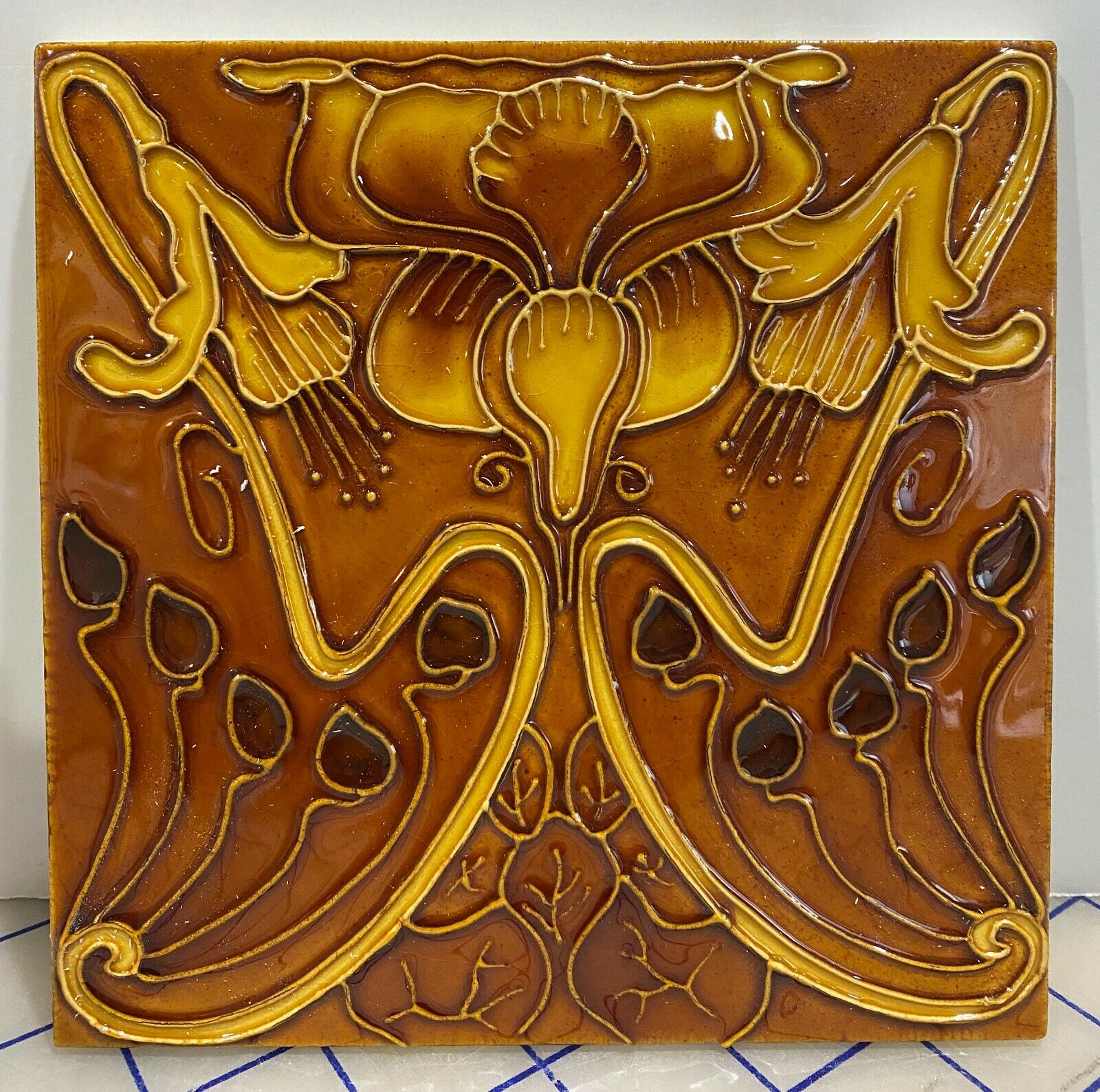 Rare Art Nouveau Majolica Tile Embossed 6 X 6 Inch Collectible Golden Flower