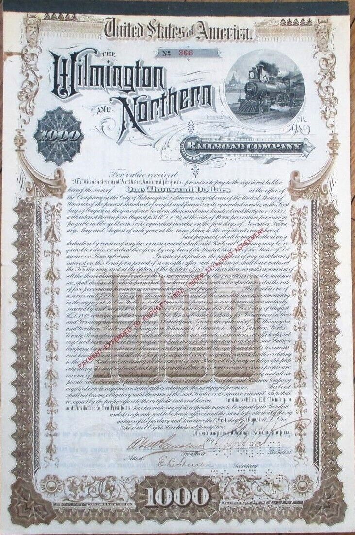 Henry A. Du Pont Signed 1892 Wilmington Northern Railroad Bond, Dupont Autograph