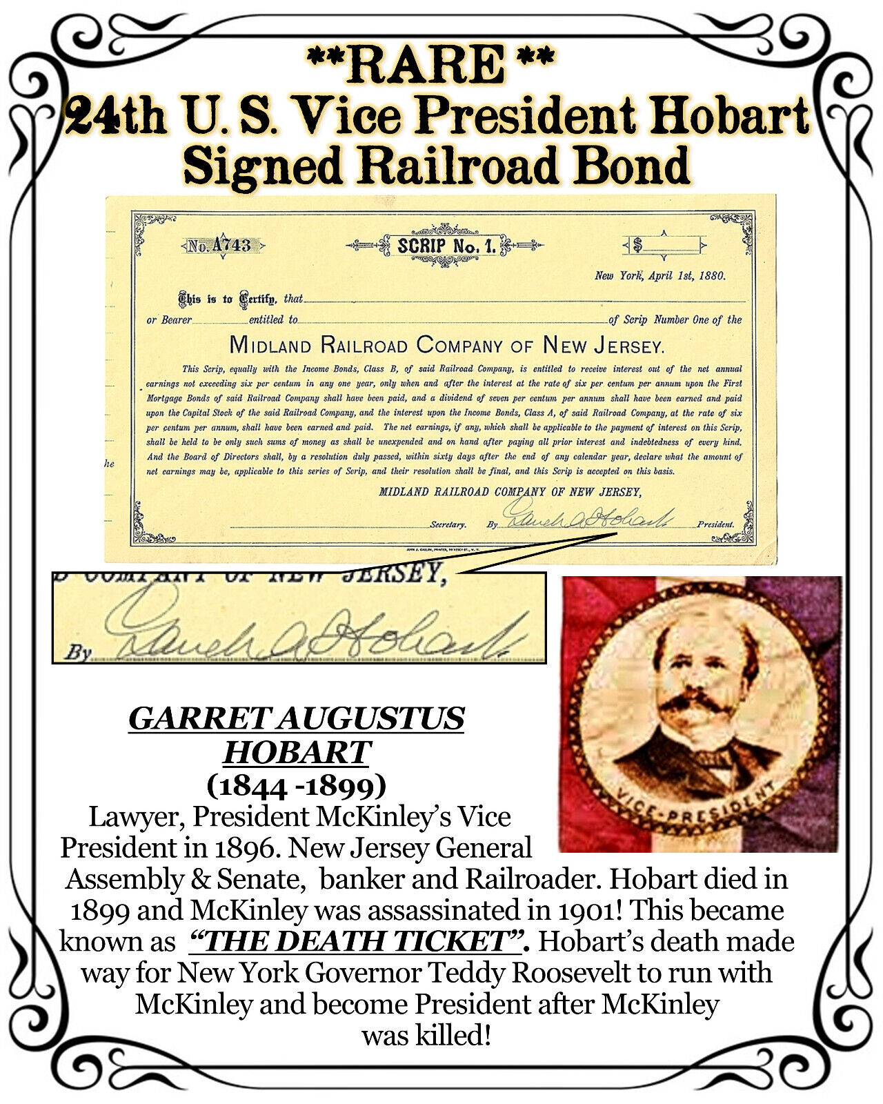 **rare ** 24th U. S. Vice President Hobart Signed Railroad Bond