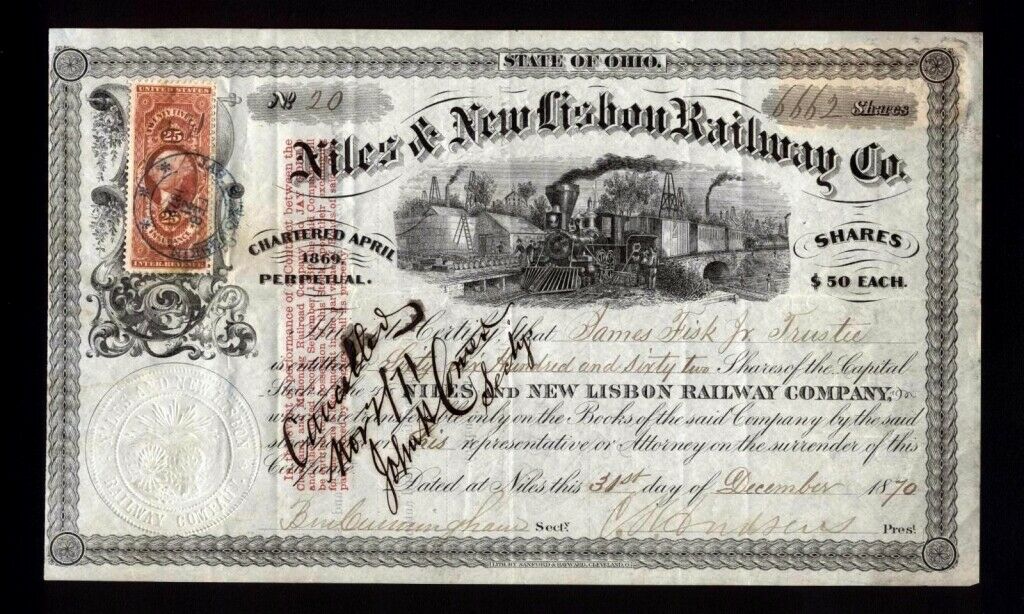 Jim - James Fisk Jr. 1870  Rare Robber Baron Signed Signature Stock Certificate