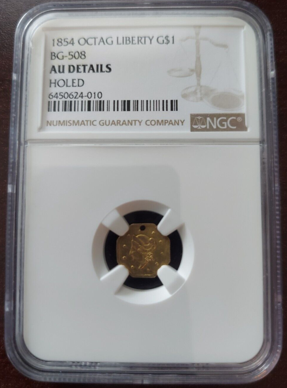 1854 Octag Liberty G$1 - California Fractional Gold Bg-508 Ngc Au Details Holed