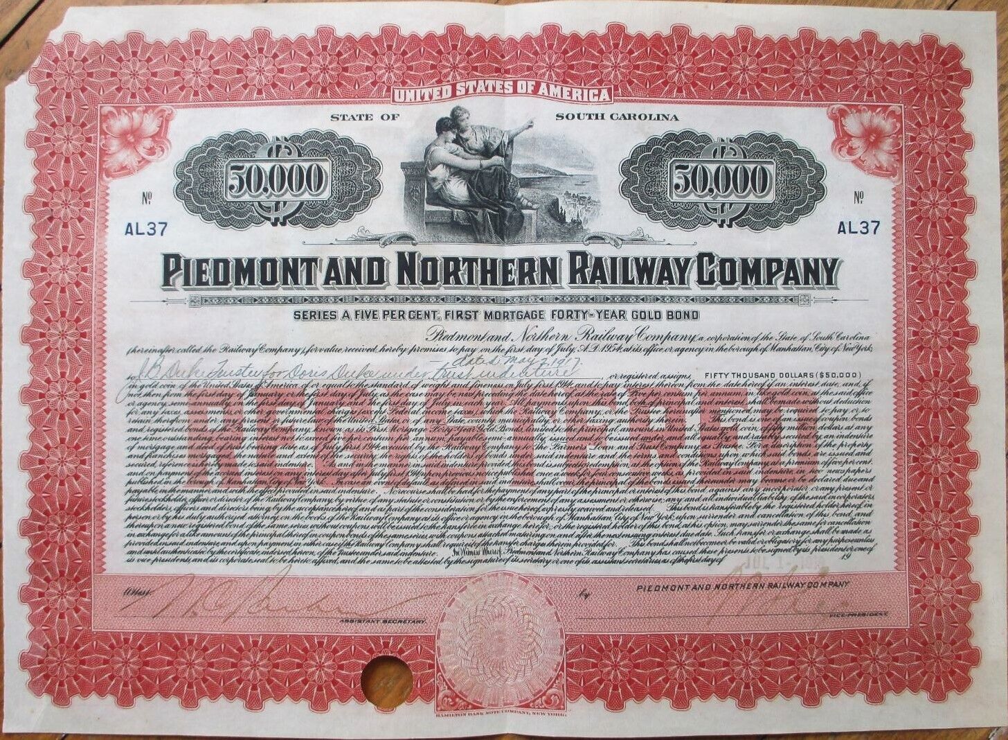 James B. Duke Autograph Signed 1919 Sc Railroad Bond, Piedmont Northern Railway