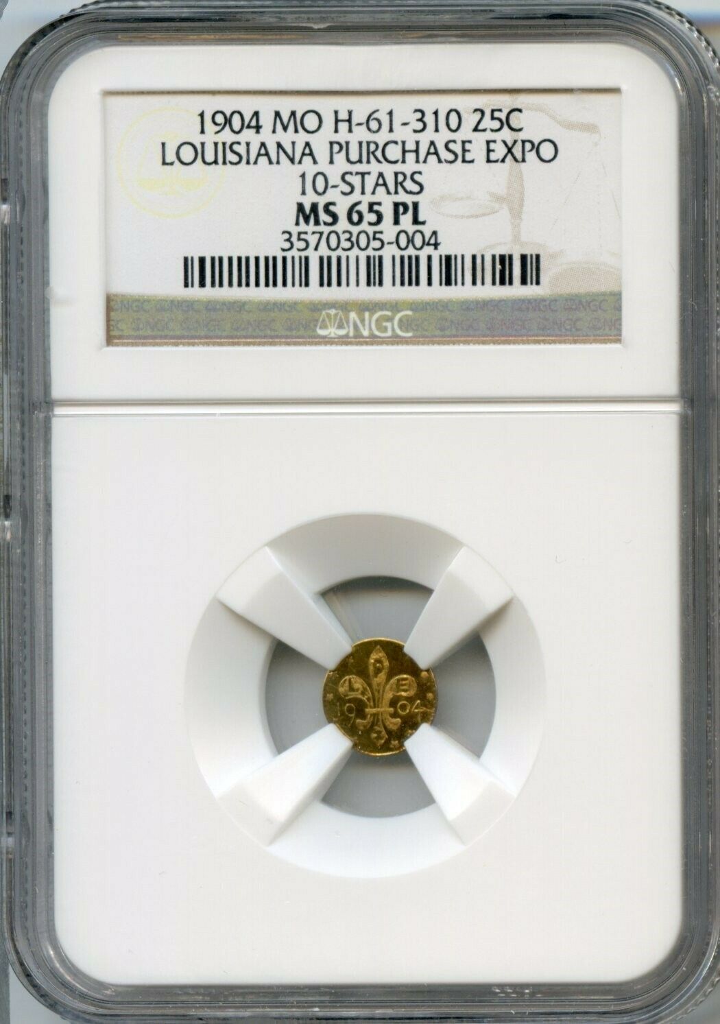 1904 G25c Louisiana Purchase Gold Token / H-61-310 10 Stars / Ngc Ms 65 Pl